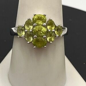 Sterling Silver 925 Nine Oval Prong Set Lt Green Peridot Cluster Ring Sz 9.5
